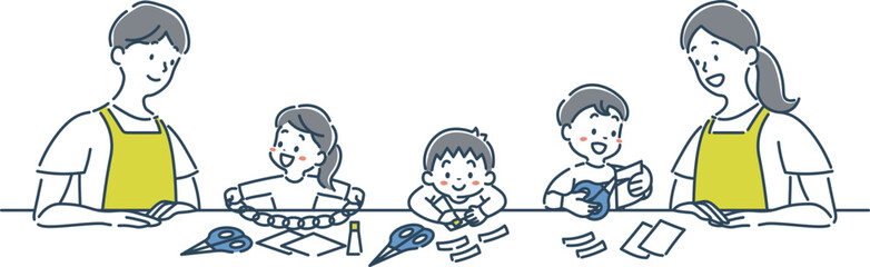 笑顔で工作をする女の子と男の子の園児と保育士のイラスト素材