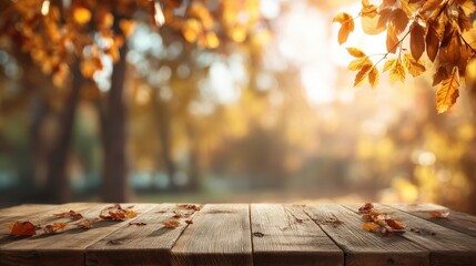 Empty wooden table with fallen autumn leaves in a park with warm sunlight filtering through the trees, creating a cozy and inviting atmosphere for seasonal themes