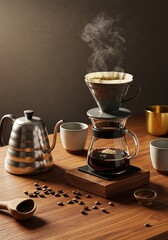  Artisanal Coffee Brewing Flatlay with Pour Over Dripper, Kettle, Ceramic Cups, and Roasted Beans on Walnut Table