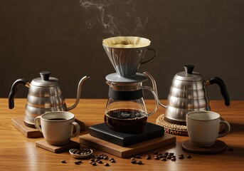  Artisanal Coffee Brewing Flatlay with Pour Over Dripper, Kettle, Ceramic Cups, and Roasted Beans on Walnut Table
