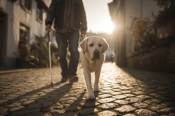 A visually impaired man walks down a cobblestone street with his guide dog, bathed in the warm glow of the setting sun