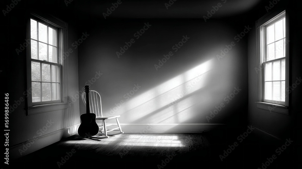 Poster light streams into a quiet room with a chair and guitar in a tranquil setting