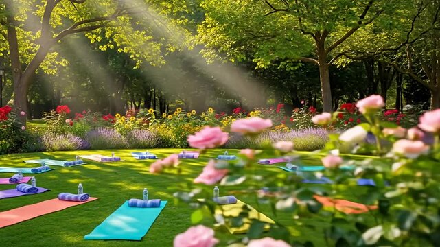 Serene outdoor yoga session in a lush garden, with colorful mats and peaceful surroundings
