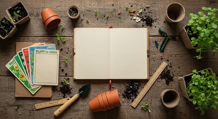 Seasonal Gardening Flatlay with Seed Packets, Planning Journal, and Terracotta Pots on Weathered Wooden Table