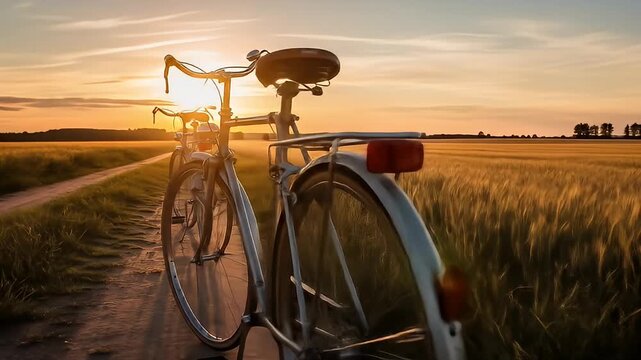 Two bicycles parked on a dirt path during sunset, surrounded by golden fields and distant trees