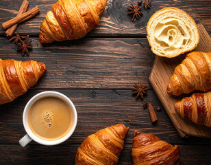 Fototapeta premium Cafe style flat lay on dark wood with croissant halves and a plain coffee cup around a cozy central copy area