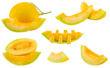High Quality PNG Picture of galia melon slices, isolated on white background.