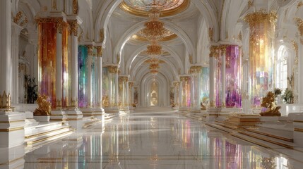 Fototapeta premium Elegant Interior of a Spacious White Room Adorned with Luxurious Gold Columns Creating a Majestic Atmosphere of Opulence and Grandeur for Events