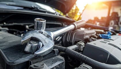Fototapeta premium Close-up view of a wrench positioned on a car engine, ready for repair.