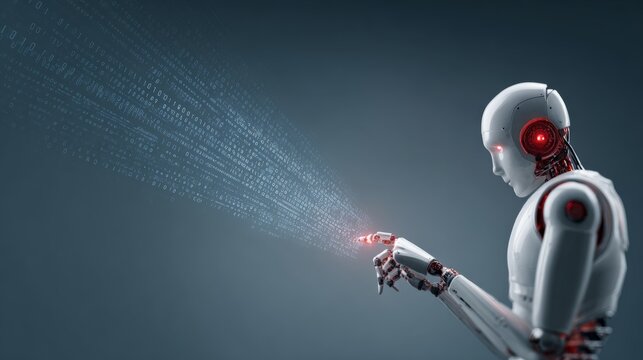 Humanoid robot interfacing with glowing digital network, representing ai's transformative capability in processing intricate computational data and intelligent algorithms