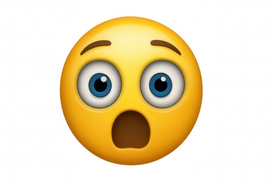 3d rendering of a shocked yellow emoji with wide open eyes and mouth, conveying surprise and astonishment on a transparent background