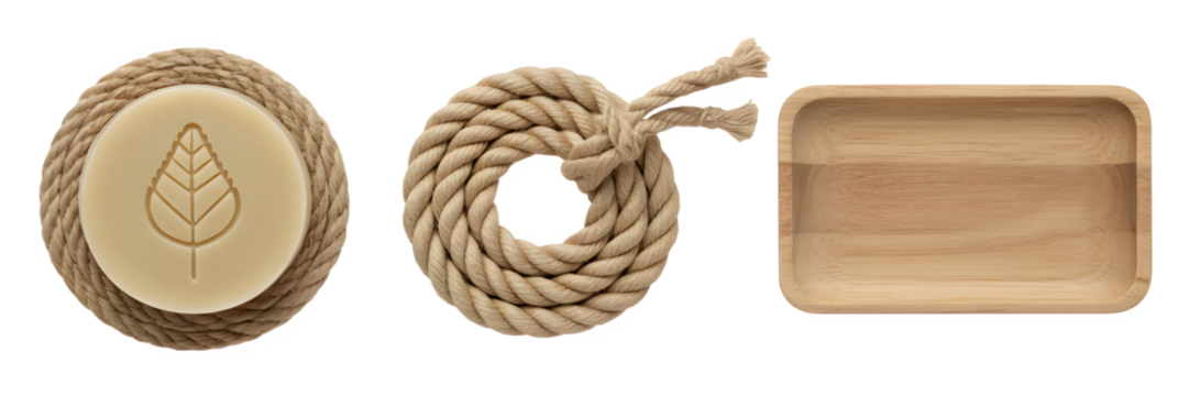 Natural spa products featuring organic soap with leaf design rope knot and wooden tray promoting wellness and sustainable self care practices at home