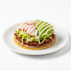 Traditional Shredded Beef Tostada: A Savory Mexican Dish with Refried Beans, Lettuce, Radishes, Avocado, and Creamy Sauce