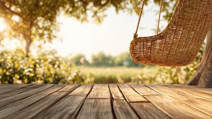 Rustic wooden deck with hanging wicker swing in a garden setting