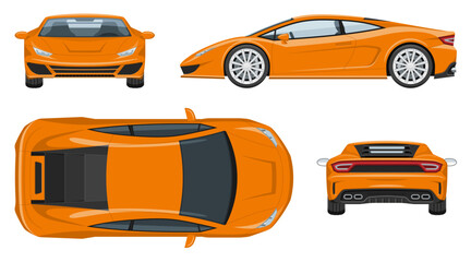 Orange sports car vector template, simple colors without gradients and effects. View from side, front, back, and top