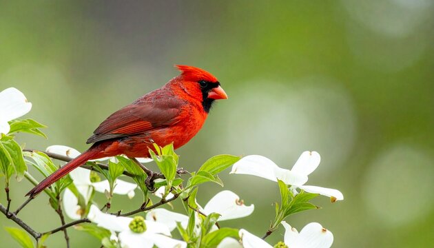 A vibrant red cardinal perched on a branch adorned with delicate white dogwood blossoms, set against a soft green background.