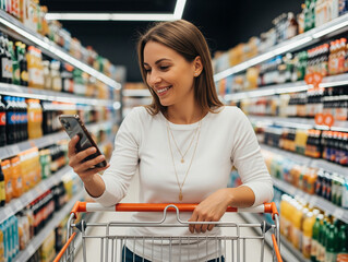 A relaxed woman shops while checking her phone inside supermarket.