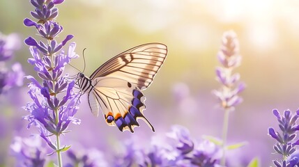 Fototapeta premium Butterfly Gracefully Perched on Lavender Flowers in a Sunlight-Kissed Field