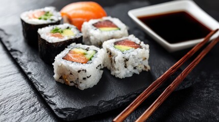 Fresh Japanese Sushi Rolls with Salmon, Avocado, and Soy Sauce on Slate Plate by