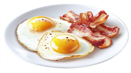 Deliciously Cooked Plate of Crispy Bacon and Fluffy Scrambled Eggs Served on a White Background for a Tasty and Inviting Breakfast Experience