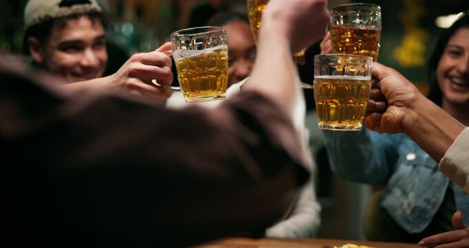 Hands, friends and cheers with beer in bar for reunion celebration, social event and night. Happy hour, people and group with alcohol toast at pub for achievement, evening gathering and weekend break