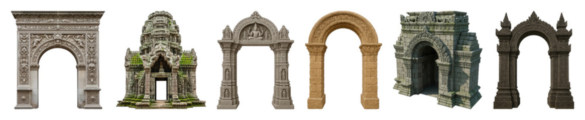 Fototapeta premium Ancient stone arch set including ornate, weathered, classical, and temple structures isolated. Architectural and historical design elements.
