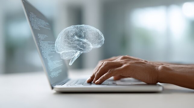 Software engineer working on artificial intelligence project, typing code on laptop with holographic digital brain, representing machine learning and ai development