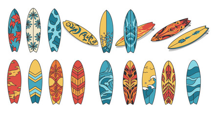 Colorful surfboard collection with tropical patterns for beach and summer theme design