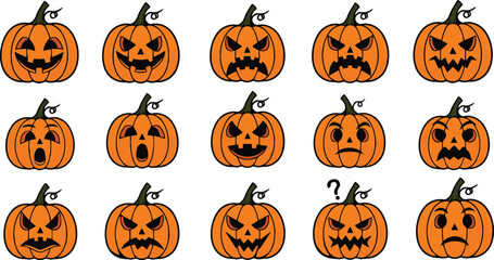 Collection of halloween jack o lantern faces isolated on white background
