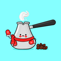 Cute coffee pot character wearing a winter scarf and mittens