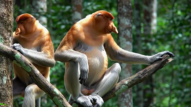 Two proboscis monkeys perched on a tree branch in a lush rainforest, surrounded by greenery
