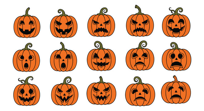 Collection of hand drawn halloween jack o lanterns isolated on white background