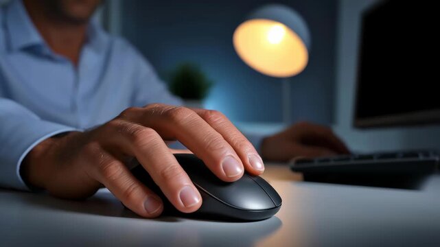Digital stress management night professional hand using wireless mouse and keyboard computer desk office lit by warm lamp focused productivity