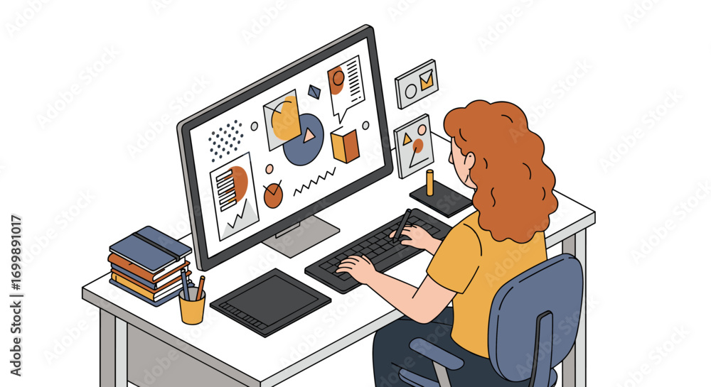 Poster graphic designer working on computer with modern design elements in flat style