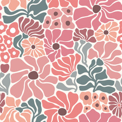 Seamless vector pattern with hand drawn groovy vintage flowers. Muted color palette floral illustration. Perfect for textile, wallpaper or print design.