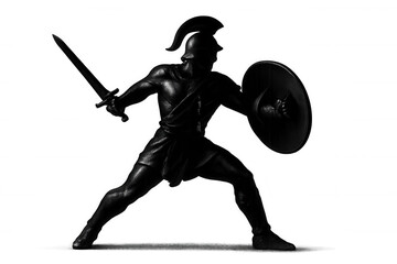 Black silhouette of toy soldier attacking with sword and shield, isolated on transparent background