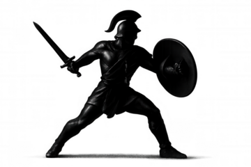 Black silhouette of toy soldier attacking with sword and shield, isolated on transparent background