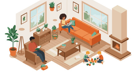 Cozy modern family living room scene with people relaxing and children playing