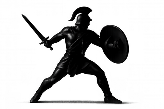 Black silhouette of toy soldier attacking with sword and shield, isolated on transparent background - Powered by Adobe