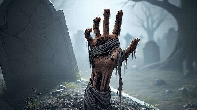 zombie hand rising from grave foggy graveyard