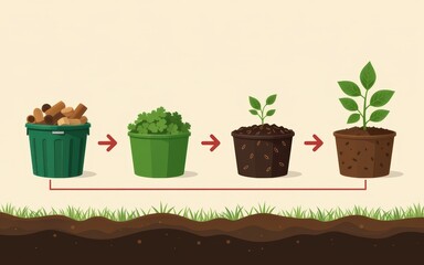 World soild day concept. Illustration showing composting process from waste to plant growth.