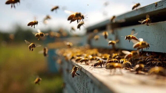 A swarm of bees flying around a beehive