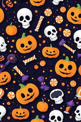 Cheerful jack-o'-lanterns, stylized skulls, shiny stars and colorful candies are scattered throughout the canvas