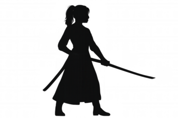 Silhouette of a female ninja poised with a katana, ready for combat against a transparent background, exuding strength and mystery