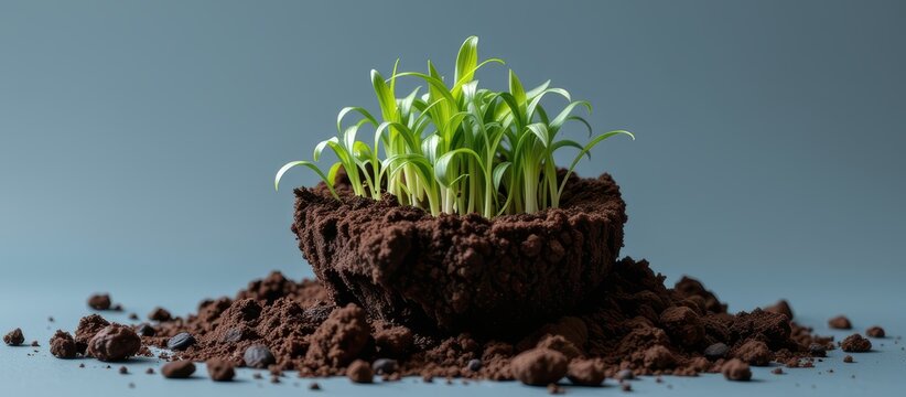 World soild day concept. Green sprouts emerging from dark soil against a blue background.
