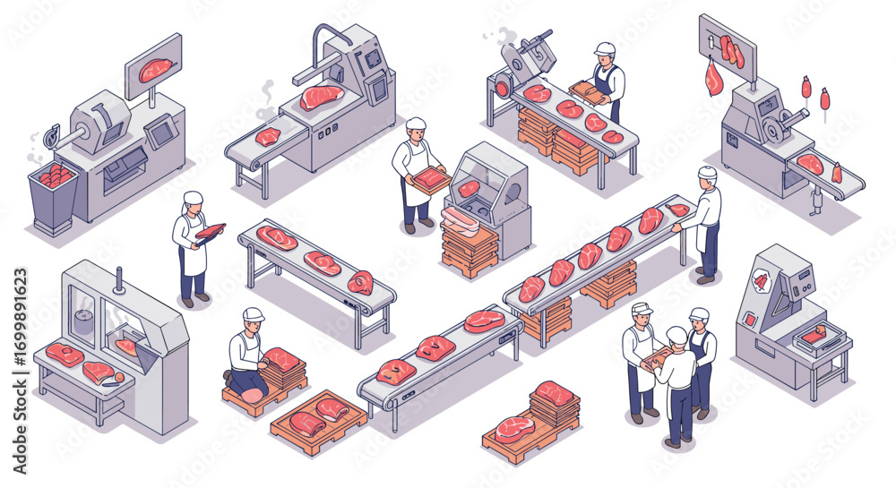 Aufkleber isometric meat processing plant with workers and machinery in factory setting