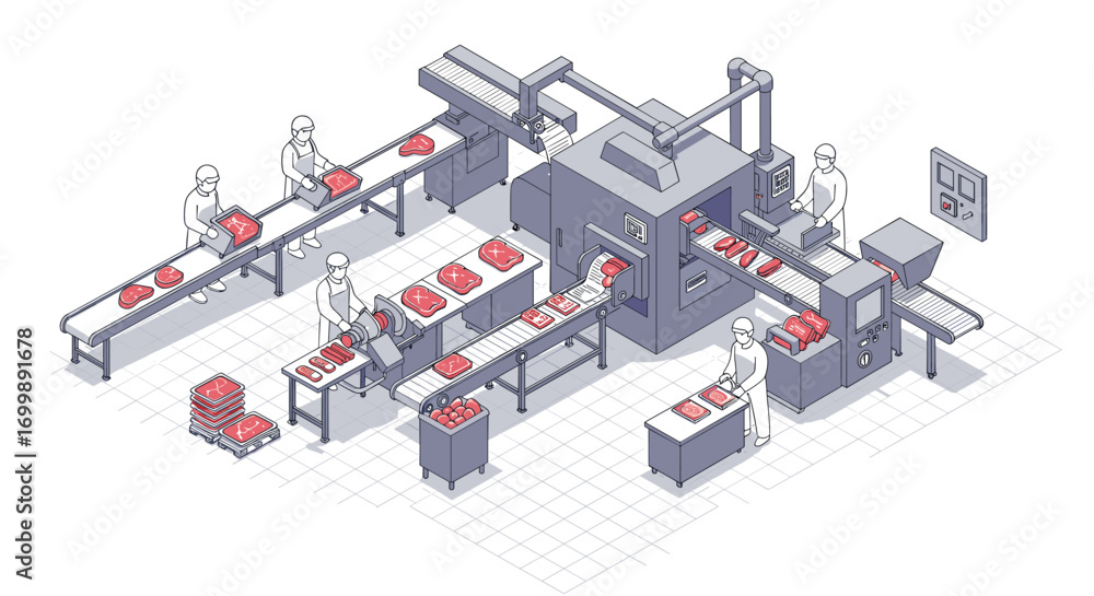 Poster isometric meat processing factory with workers and conveyor belts in action