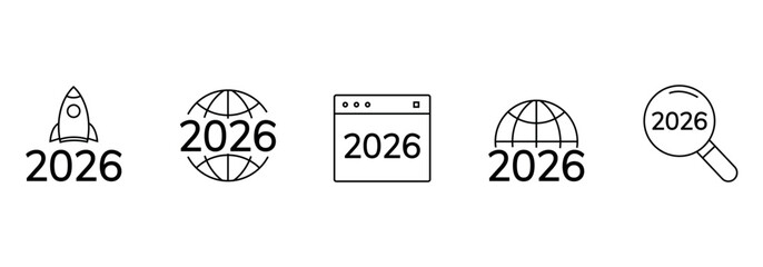 Obraz premium icons. 2026. a collection of minimalist icons depicting the year 2026, integrated into various themes such as documents, devices, graphics, people, communications, and technology.