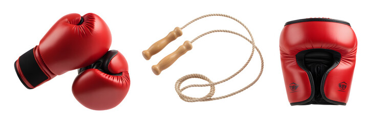 Boxing gear including red gloves a jump rope and headgear arranged against a black backdrop for fitness and combat sports training and equipment
