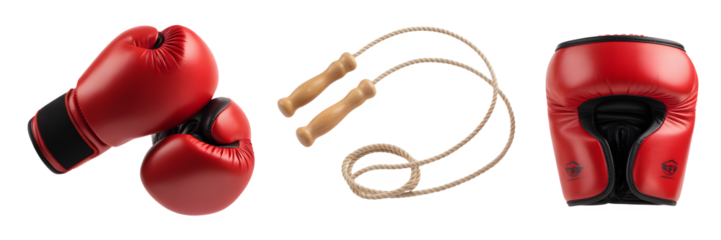 Boxing gear including red gloves a jump rope and headgear arranged against a black backdrop for fitness and combat sports training and equipment